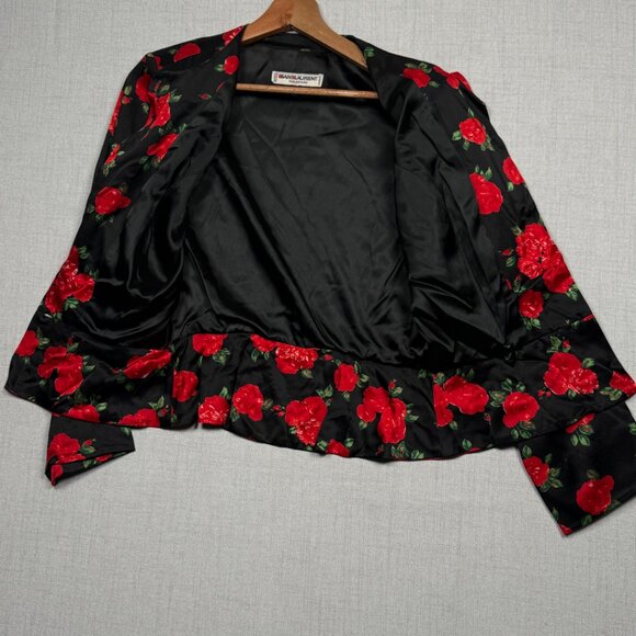 Vintage Saint Laurent Rive Gauche Floral Blazer Black Red Peplum Size 42 - Picture 4 of 8